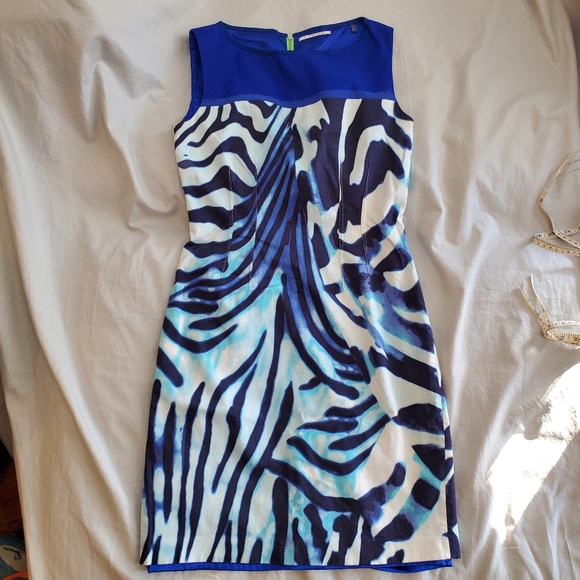 T Tahari Dresses & Skirts - T Tahari Blue White Zebra Print Lined Sleeveless Dress Neon Zipper